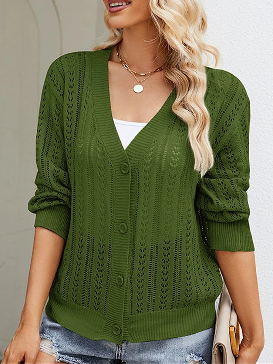 Women's Cardigan Sweater V Neck Crochet Knit Polyester Button Hole Summer Spring Daily Going out Weekend Stylish Casual Soft Long Sleeve Solid Color Purple Green Khaki S M L