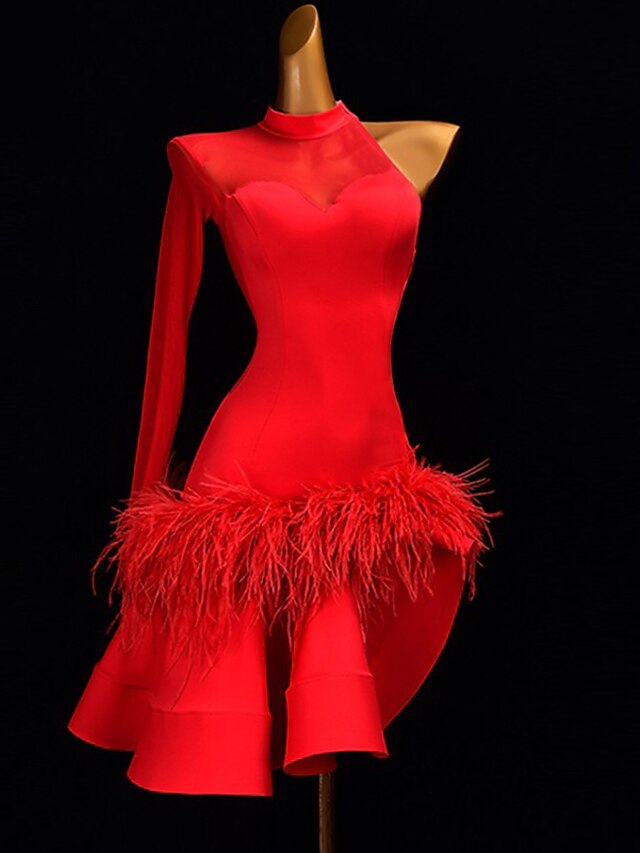 Latin Dance Ballroom Dance Latin Salsa Dance Dress Feathers Rhinestone Women's Girls' Training Performance Long Sleeve - LuckyFash™