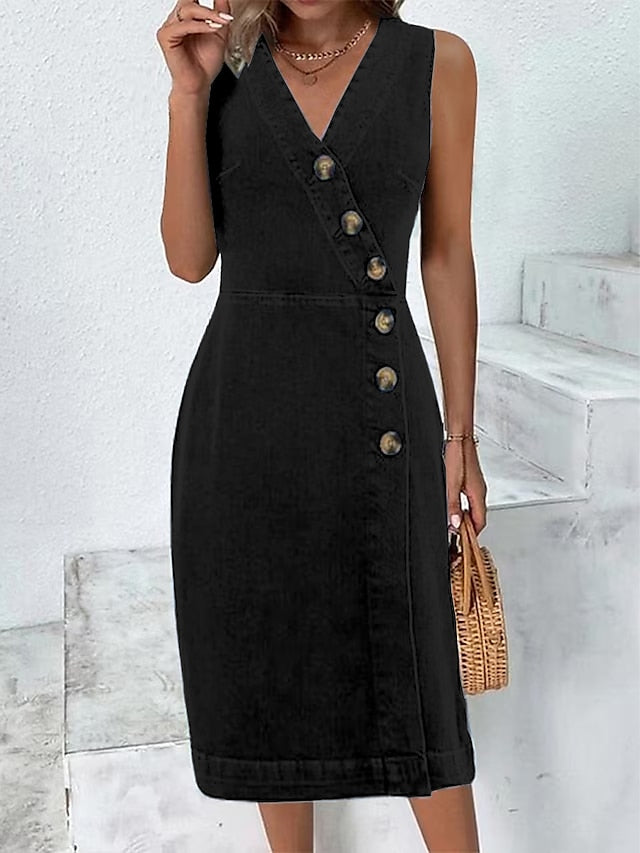 Women's Dress - Denim Dress Work Dress Bodycon Midi Dress Denim Fashion Modern Outdoor Office Daily V Neck Button Sleeveless Summer Spring 2023 Loose Fit Black Blue Plain S M L XL 2XL