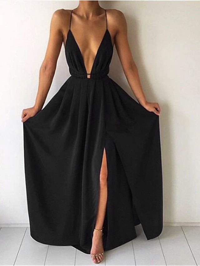 Women's Dress - Party Dress Wedding Guest Dress Swing Dress Long Dress Maxi Dress Black Pink Wine Sleeveless Pure Color Lace up Spring Summer Deep V 2023 S M L