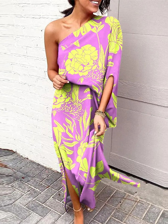 Women's Dress - Swing Dress Boho Dress Long Dress Maxi Dress Black Blue Purple Long Sleeve Floral Split Summer Spring One Shoulder Boho Winter Dress Fall Dress 2023 S M L XL XXL 3XL