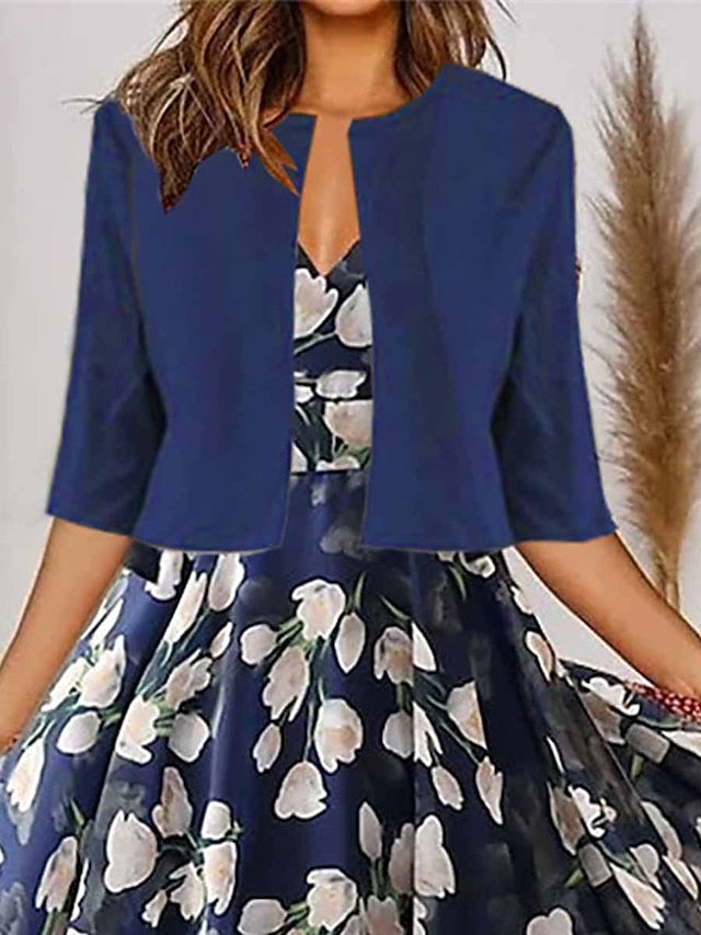 Women's Dress - Two Piece Dress Set Casual Dress Chiffon Dress Outdoor Daily Fashion Elegant Print Midi Dress V Neck Half Sleeve Floral Regular Fit Navy Blue Purple Green Summer Spring S M L XL XXL