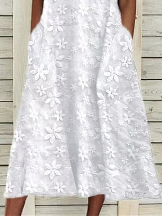 Women's Dress - Casual Dress Lace Dress White Dress Floral Lace Pocket Crew Neck Lace Sleeve Midi Dress Fashion Basic Outdoor Street Short Sleeve Loose Fit White Summer Spring S M L XL XXL
