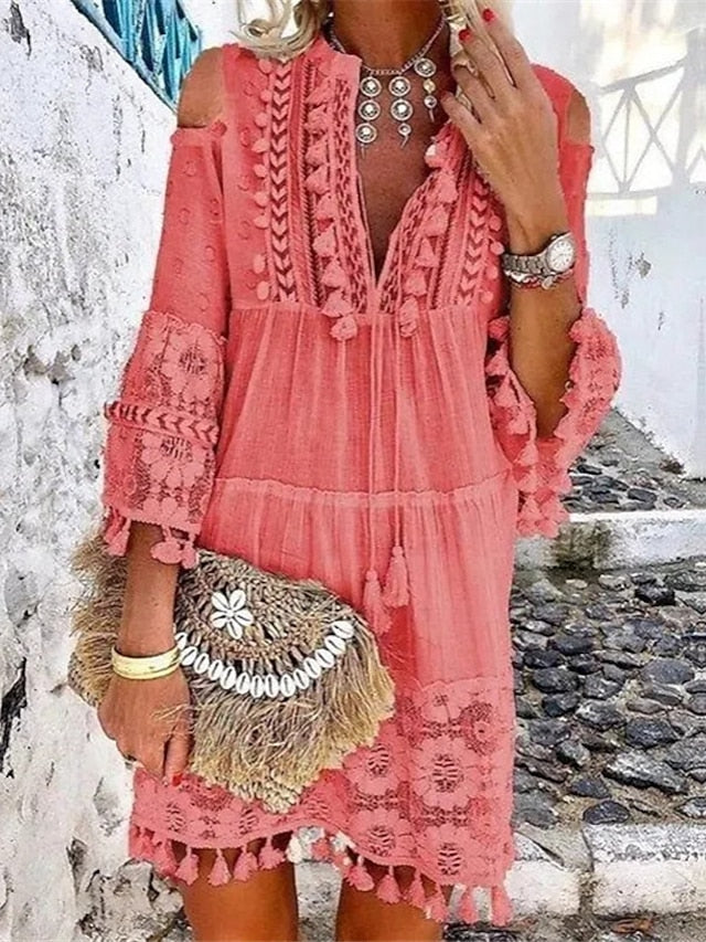 Women's Dress - Shift Dress Boho Dress Mini Dress White Yellow Pink 3/4 Length Sleeve Pure Color Tassel Fringe Summer Spring V Neck Vacation Loose Fit 2023 S M L XL XXL 3XL 4XL 5XL