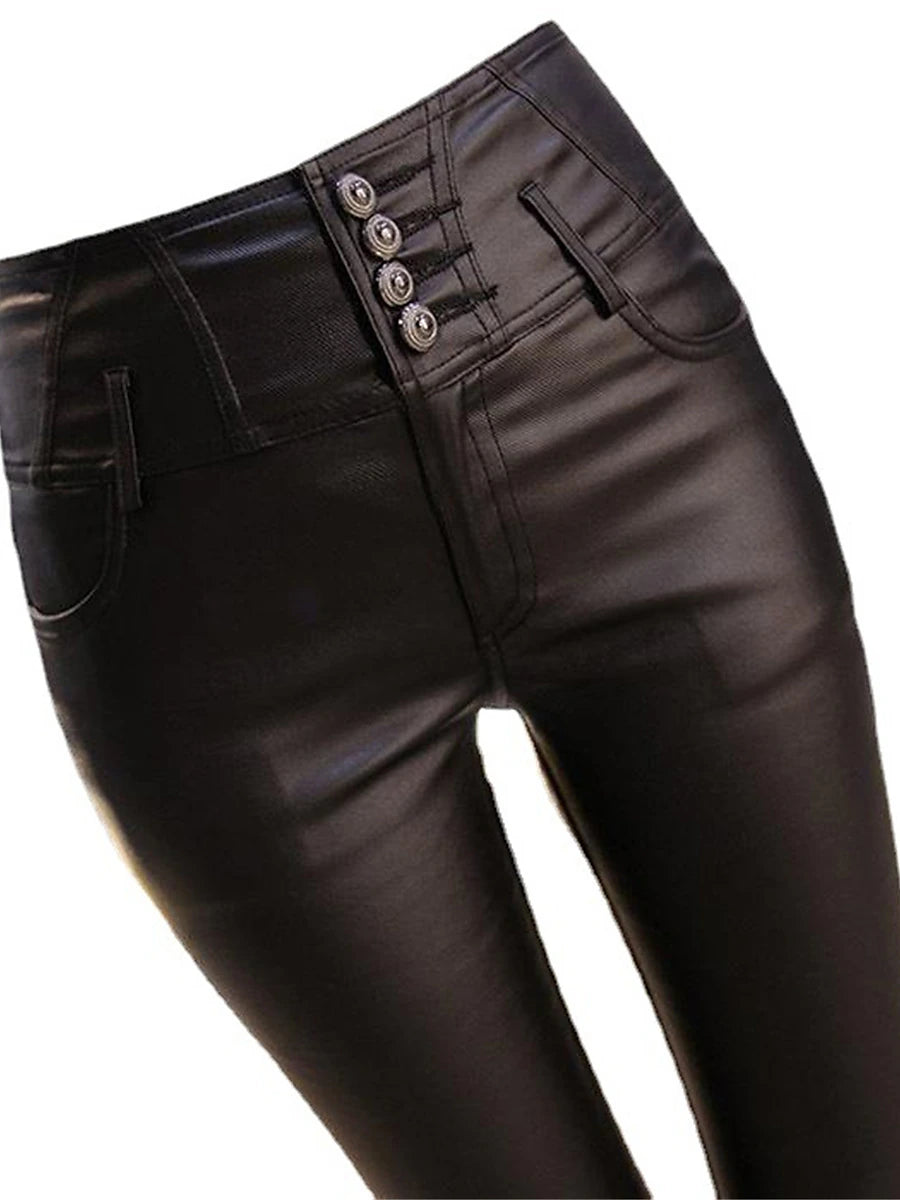 Women's Leggings PU Solid Color Black Fashion High Waist Full Length Outdoor Street Fall Winter