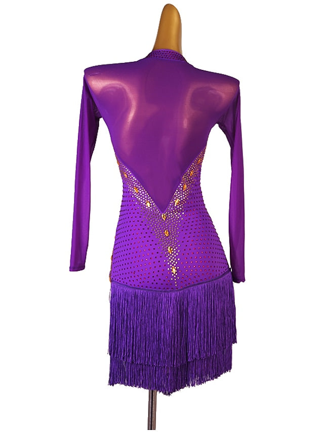 Latin Dance Dress Tassel Crystals / Rhinestones Women's Performance Long Sleeve Chinlon Mesh - LuckyFash™
