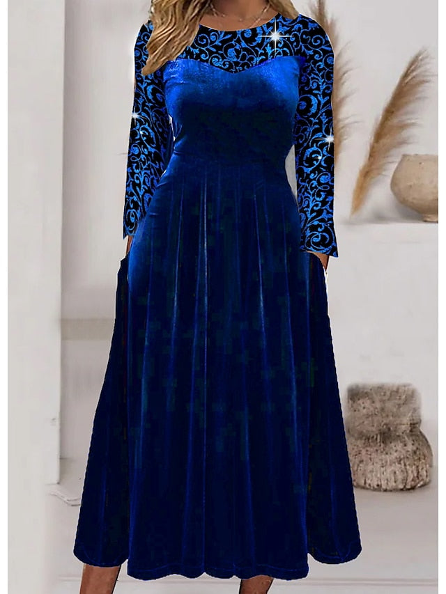 Women's Dress - Party Dress Wedding Guest Dress Velvet Dress Swing Dress Midi Dress Blue Long Sleeve Pure Color Velvet Spring Fall Winter Crew Neck Stylish Winter Dress Fall Dress 2023 S M L XL 2XL 3XL