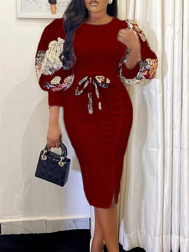 Women's Dress - Bodycon White Dress Modern Dress Midi Dress White Yellow Red 3/4 Length Sleeve Floral Patchwork Spring Fall Autumn Crew Neck Fashion Slim 2023 S M L XL 2XL 3XL