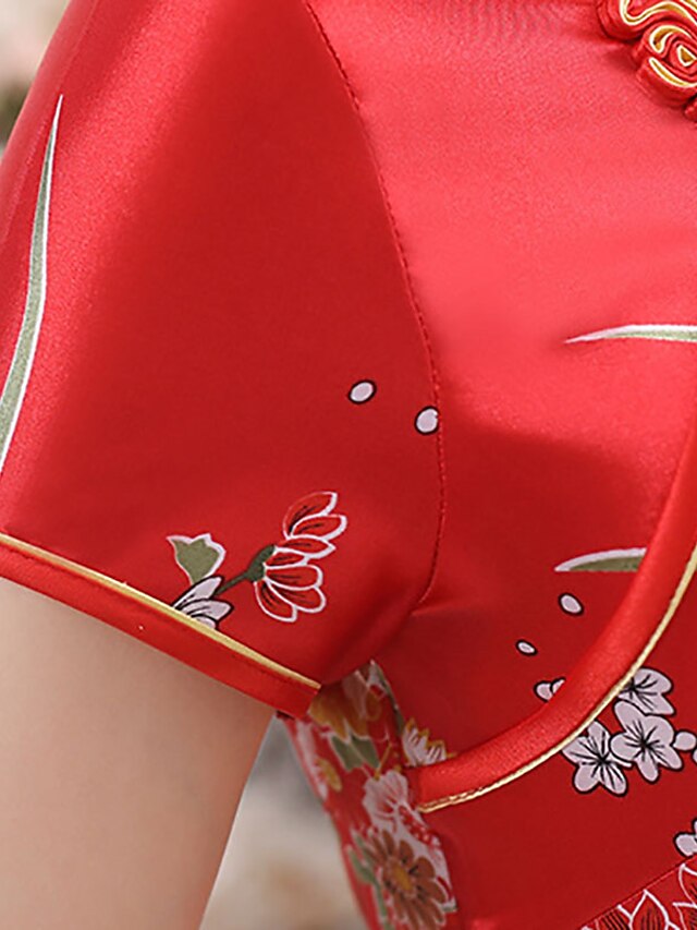 Women's Dress - Cheongsam Floral Mandarin Collar Chinoiserie Dress Long Dress Maxi Dress Light Pink Black Blue Short Sleeve Spring Summer Weekend S M L XL XXL 3XL 4XL 5XL 6XL