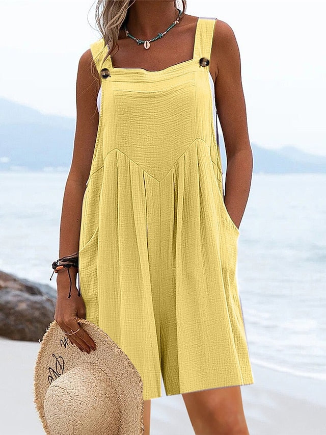 Jumpsuits for Women Summer Overall Pocket Solid Color Square Neck Basic Daily Vacation Regular Fit Sleeveless Black Yellow Pink S M L - LuckyFash™