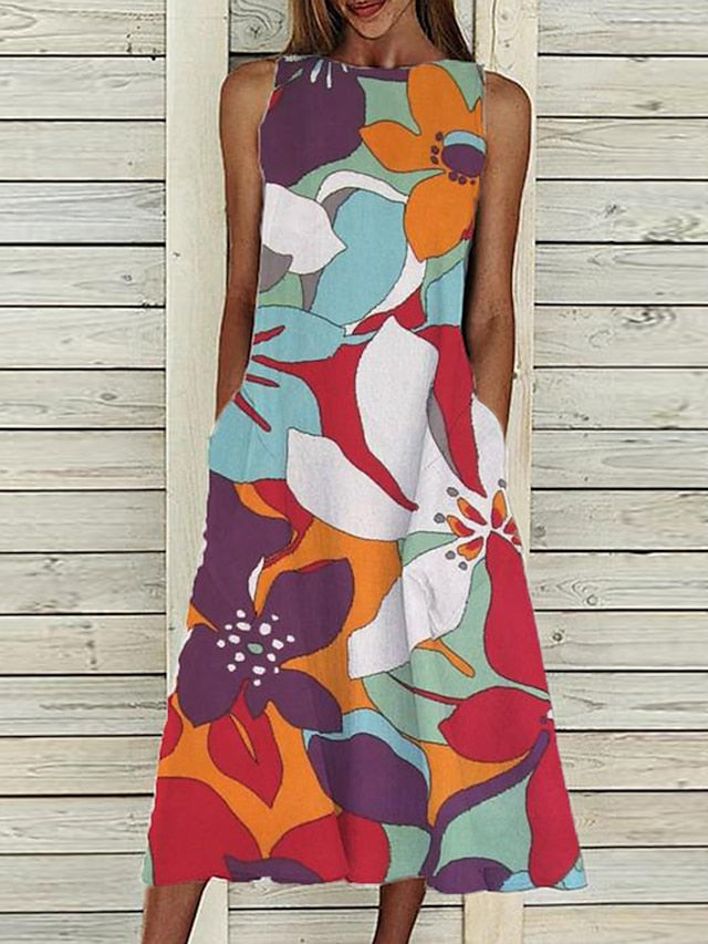 Women's Dress - A Line Dress Midi Dress Sleeveless Floral Pocket Cold Shoulder Print Spring Summer Round Neck Casual Vintage Going out 2023 S M L XL XXL Cotton