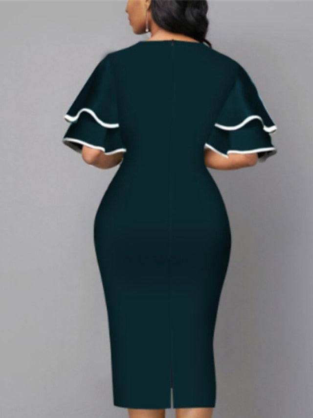 Women's Dress - Bodycon Sheath Dress Modern Dress Midi Dress Yellow Wine Royal Blue Half Sleeve Print Ruffle Summer Spring V Neck Stylish 2023 S M L XL XXL 3XL 4XL 5XL