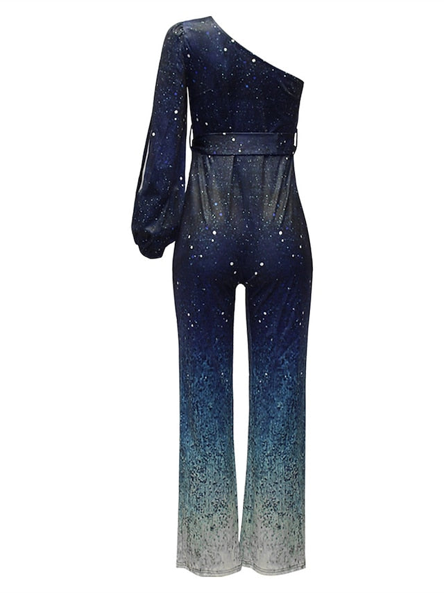 Women's Jumpsuit Lace up Backless Gradient One Shoulder Streetwear Party Birthday Regular Fit Long Sleeve Blue S M L Summer - LuckyFash™
