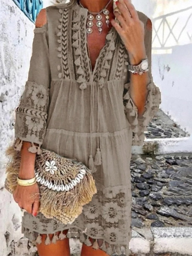 Women's Dress - Shift Dress Boho Dress Mini Dress White Yellow Pink 3/4 Length Sleeve Pure Color Tassel Fringe Summer Spring V Neck Vacation Loose Fit 2023 S M L XL XXL 3XL 4XL 5XL