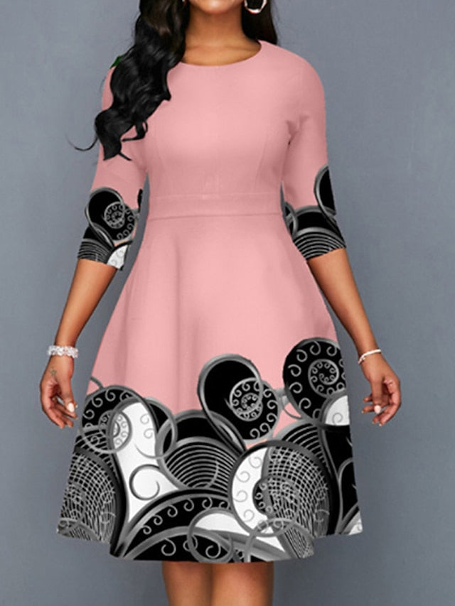 Women's Dress - Casual Dress Church Dress Midi Dress Black Yellow Pink Long Sleeve Print Print Winter Autumn Crew Neck Stylish Winter Dress Fall Dress 2023 S M L XL XXL 3XL 4XL 5XL