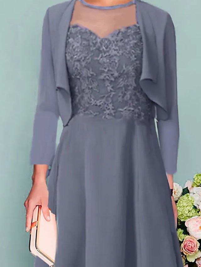 Women's Dress - Dress Set Two Piece Dress A Line Dress Midi Dress Dusty Blue 3/4 Length Sleeve Floral Ruched Spring Fall Autumn Crew Neck Fashion 2023 S M L XL XXL 3XL