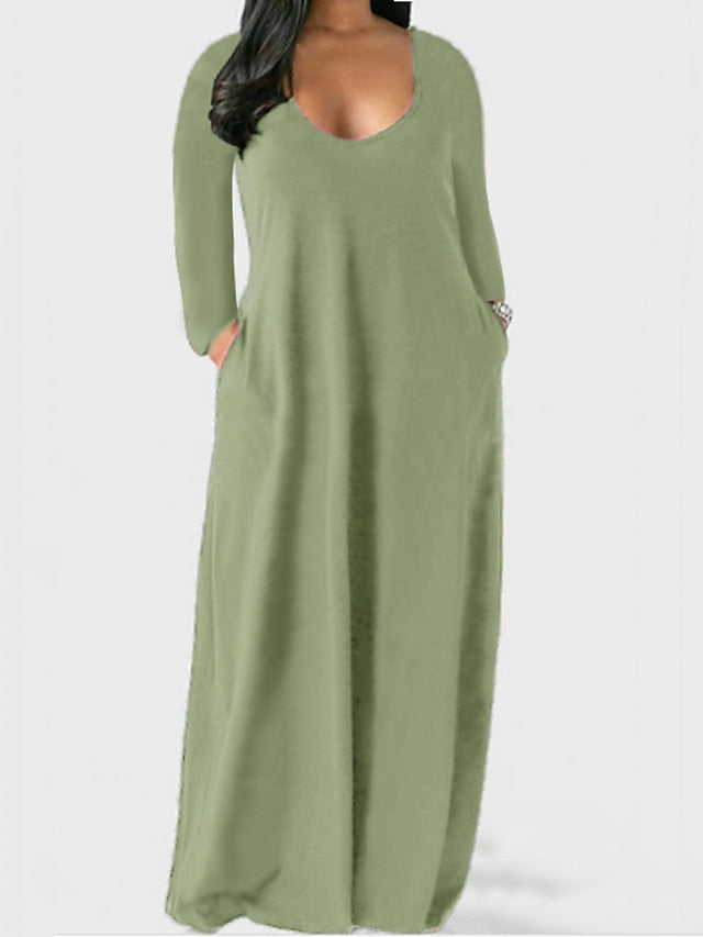 Women's Dress - Plus Size Shift Dress Solid Color Boat Neck Long Sleeve Spring Fall Basic Casual Maxi long Dress Daily Vacation Dress