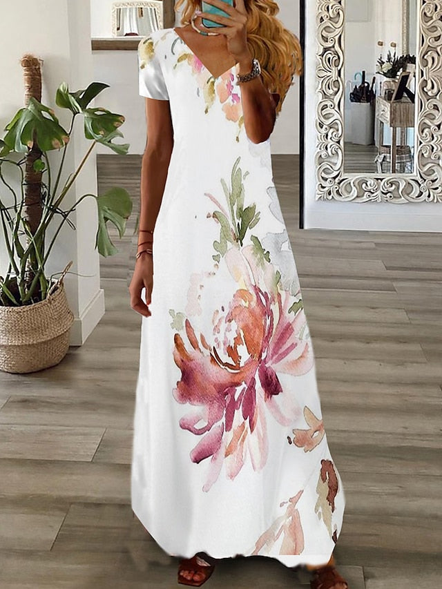 Women's Dress - Long Dress Maxi Dress Casual Dress Print Dress Graphic Floral Fashion Modern Daily Holiday Vacation Short Sleeve V Neck Dress Regular Fit White Pink Wine Summer Spring S M L XL 2XL 3XL 4XL 5XL