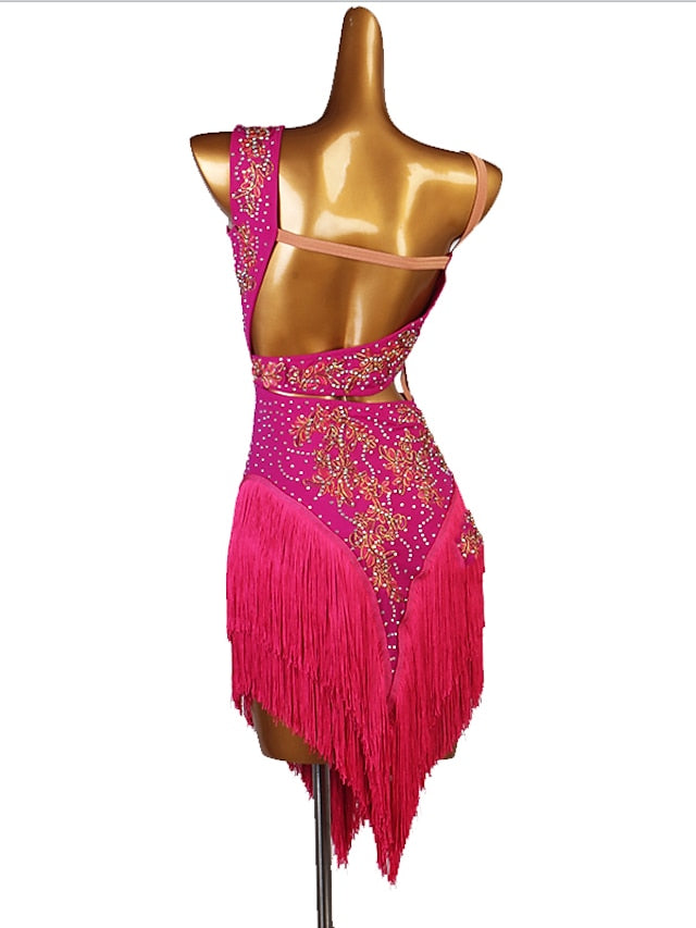 Latin Dance Dress Tassel Split Joint Crystals / Competition Dress Rhinestones Women's Performance Sleeveless Chinlon - LuckyFash™