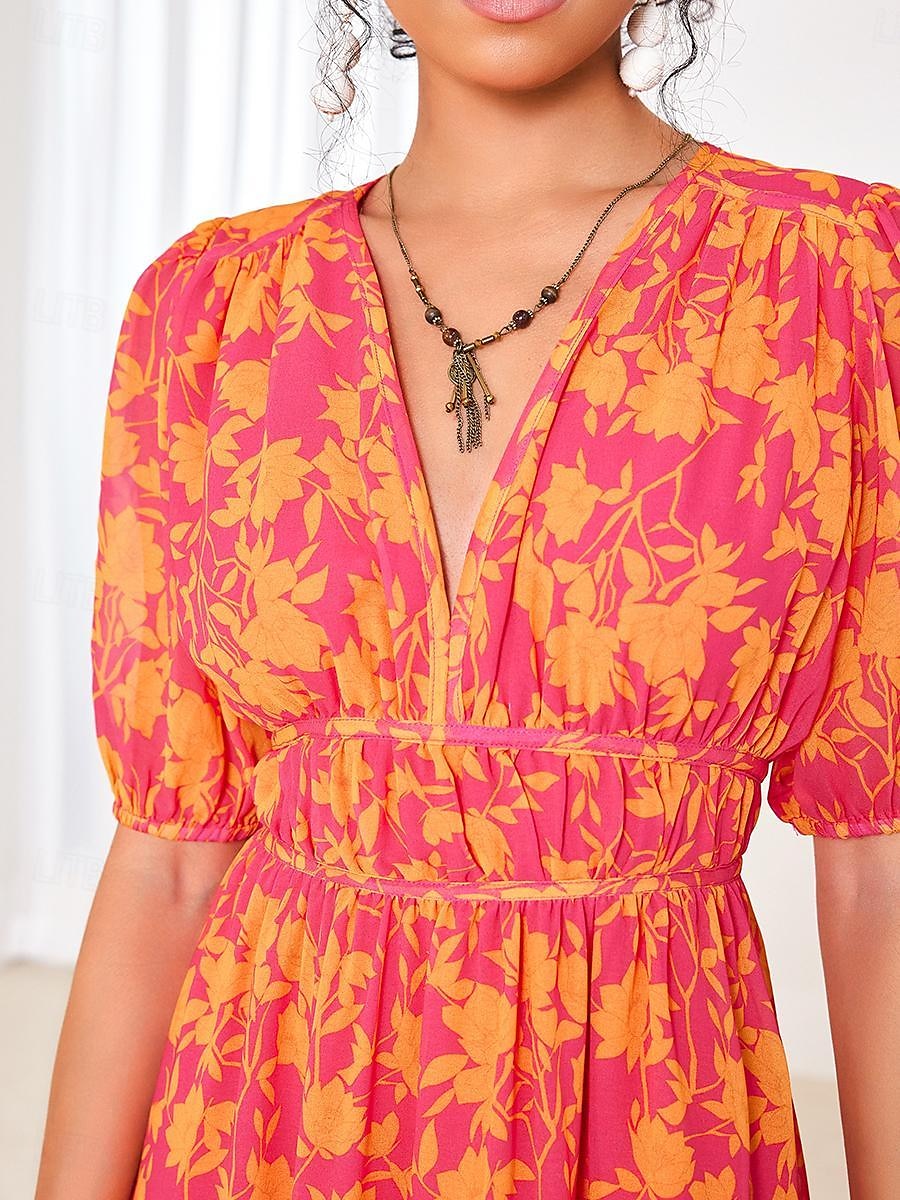 Women's Floral Maxi Dress Pink Chiffon Swing Dress Pleated V Neck Puff Sleeve Boho Vacation Beach Wedding Guest Summer