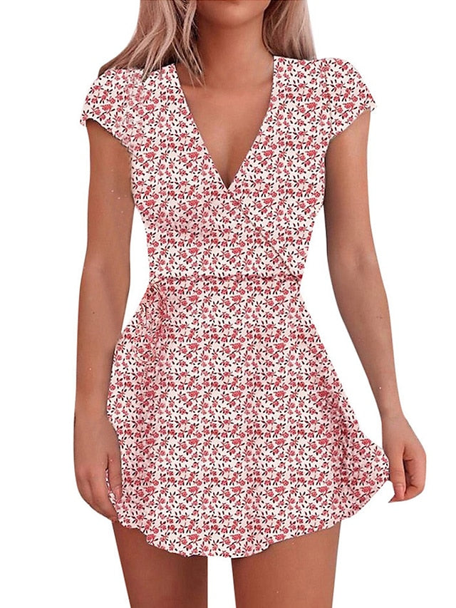 Women's Dress - Casual Dress Floral Dress Mini Dress Black Navy Blue Short Sleeve Floral Print Summer Spring V Neck Fashion Vacation 2023 S M L XL
