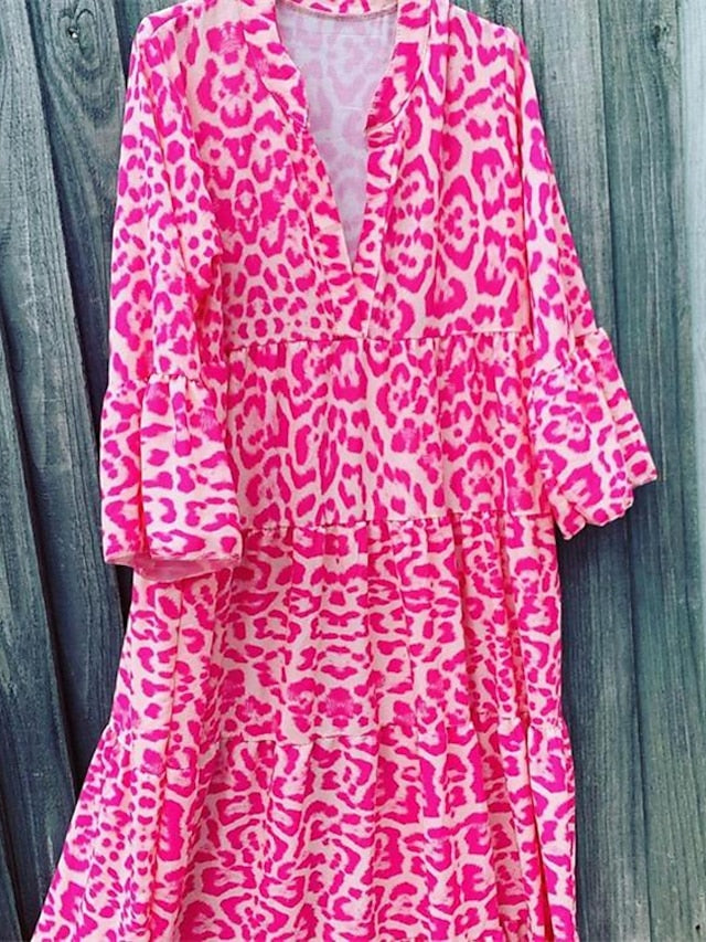 Women's Dress - Casual Dress Swing Dress Long Dress Maxi Dress Pink 3/4 Length Sleeve Animal Print Fall Autumn V Neck Loose Fit Under 10 S M L XL XXL 3XL