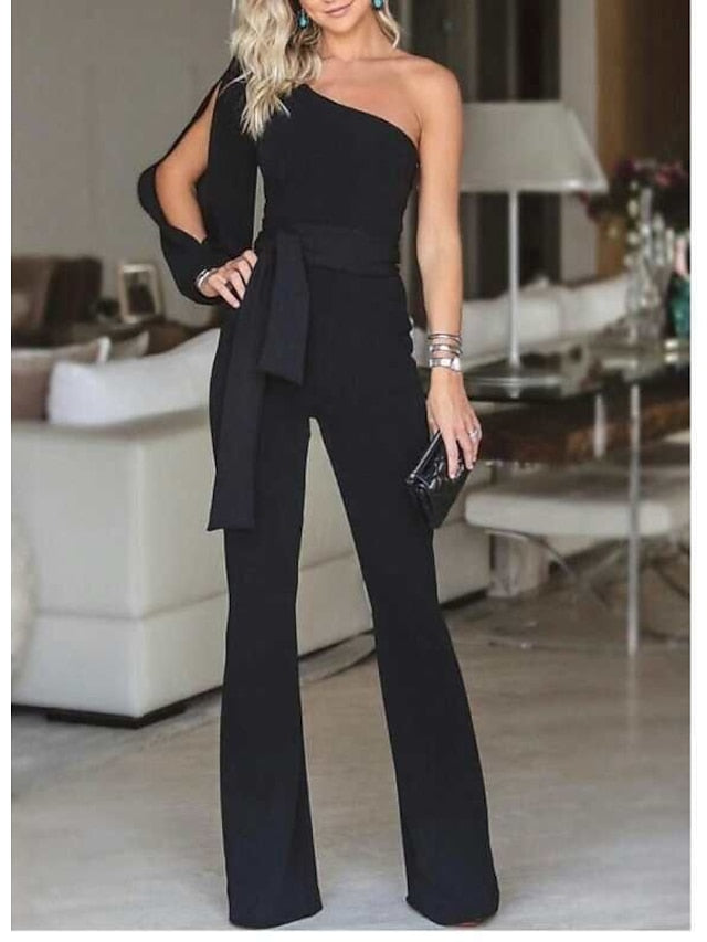 Women's Jumpsuit Clean Fit Split Solid Color Cold Shoulder Elegant Party Prom Regular Fit Long Sleeve Black Blue Pink S M L Fall - LuckyFash™