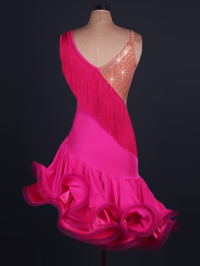 Latin Dance Dress Tassel Crystals / Rhinestones Women's Training Performance Sleeveless High Spandex Tulle - LuckyFash™