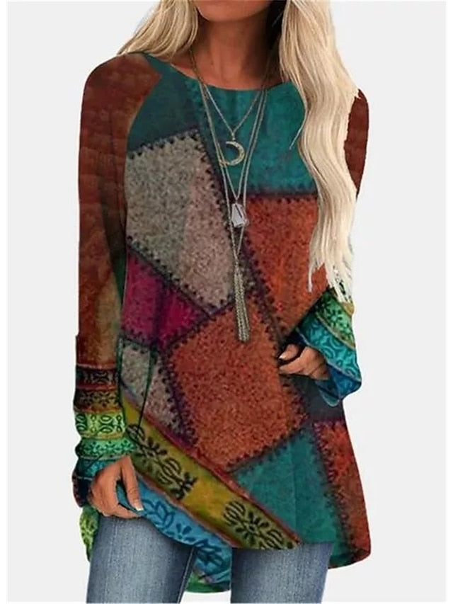 Women's Dress - T Shirt Dress Tee Dress Mini Dress Red Blue Green Long Sleeve Color Block Print Fall Spring Crew Neck Casual Winter Dress Fall Dress Loose Fit 2023 S M L XL 2XL 3XL