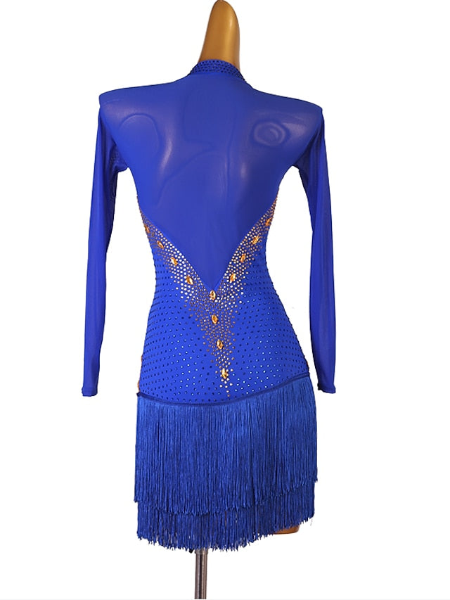 Latin Dance Dress Tassel Crystals / Rhinestones Women's Performance Long Sleeve Chinlon Mesh - LuckyFash™