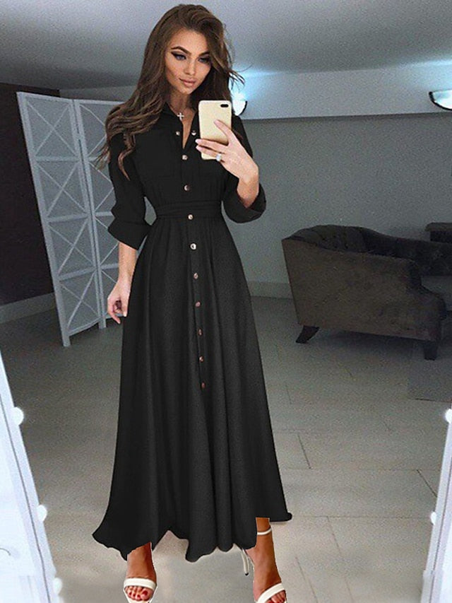 Women's Dress - Shirt Dress Chiffon Dress Swing Dress Maxi long Dress Formal Winter Dress Causal Polyester Fashion Elegant Stand Collar Pleated Button Long Sleeve Spring Fall Winter 2023 Regular Fit Black
