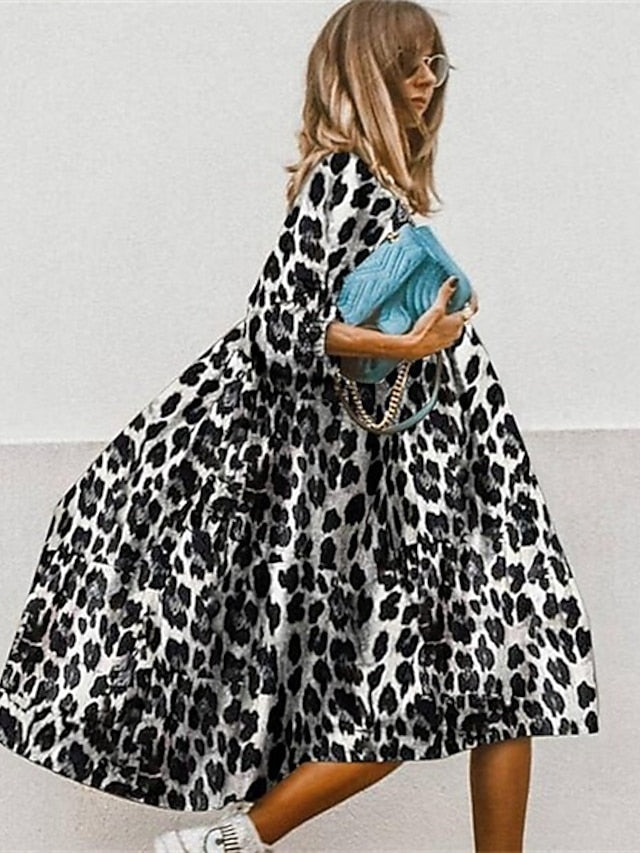 Women's Dress - Casual Dress Midi Dress Black White Pink 3/4 Length Sleeve Leopard Ruched Summer Spring Fall Autumn Crew Neck Stylish Weekend 2023 S M L XL XXL