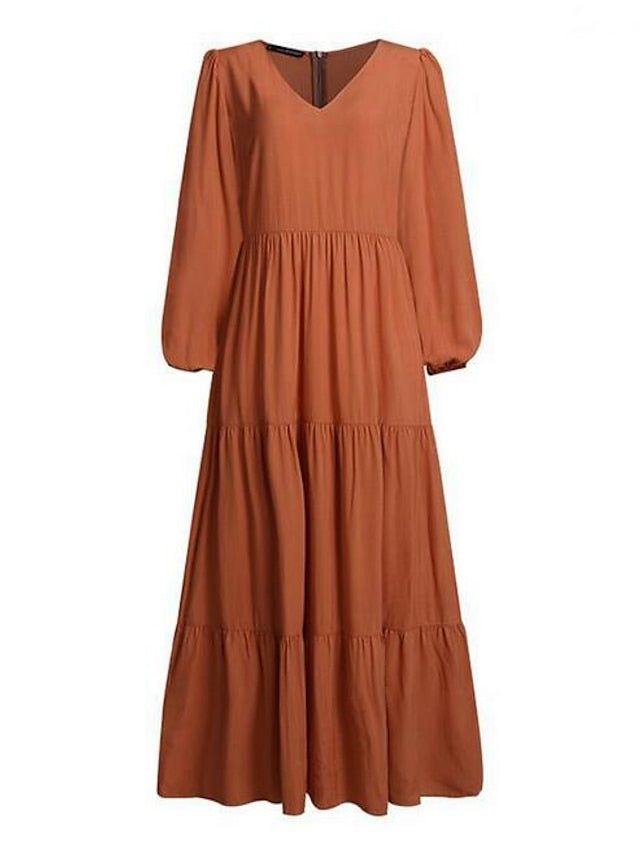 Women's Dress - Swing Dress Long Dress Maxi Dress Dark Green Brown Black Long Sleeve Pure Color Ruched Pleated Patchwork Fall Spring V Neck Boho Casual Fall Dress Lantern Sleeve Loose Fit M L XL XXL XXXL 4XL