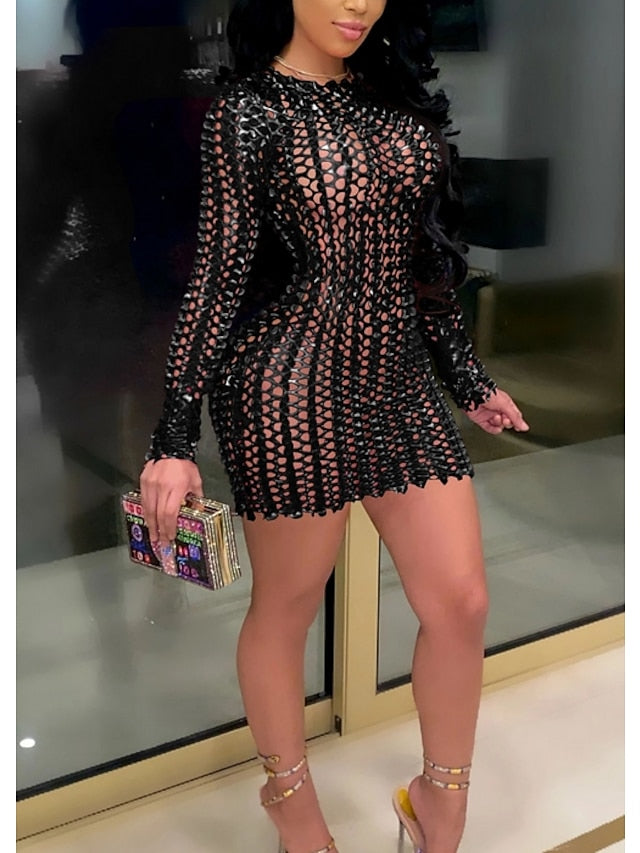 Women's Dress - Party Dress Holiday Dress Bodycon Mini Dress Silver Black Red Long Sleeve Pure Color Hollow Out Spring Fall Winter Crew Neck Fashion Winter Dress Fall Dress Spring Dress 2022 S M L XL XXL