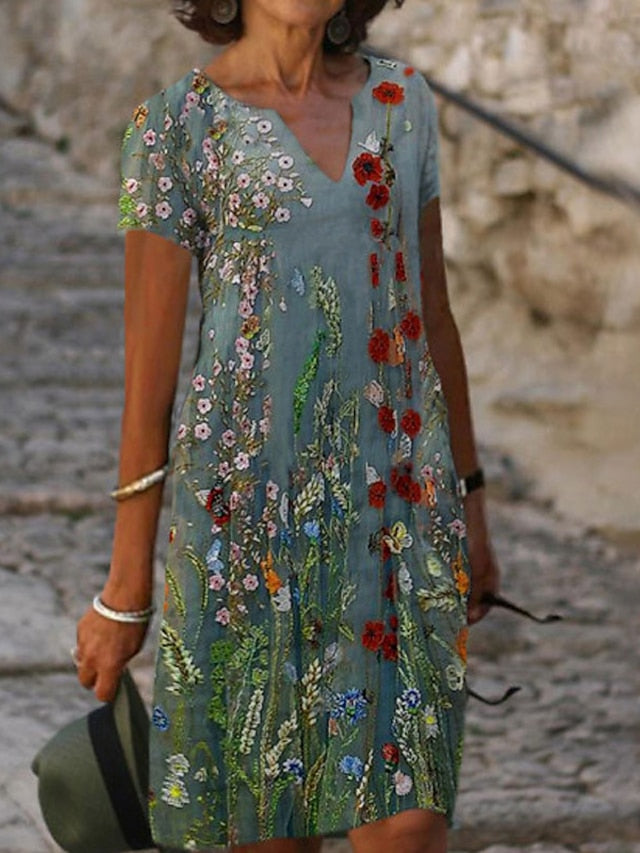 Women's Dress - Casual Dress Shift Dress Midi Dress Green Khaki Short Sleeve Floral Print Summer Spring V Neck Fashion Vacation 2023 S M L XL XXL 3XL