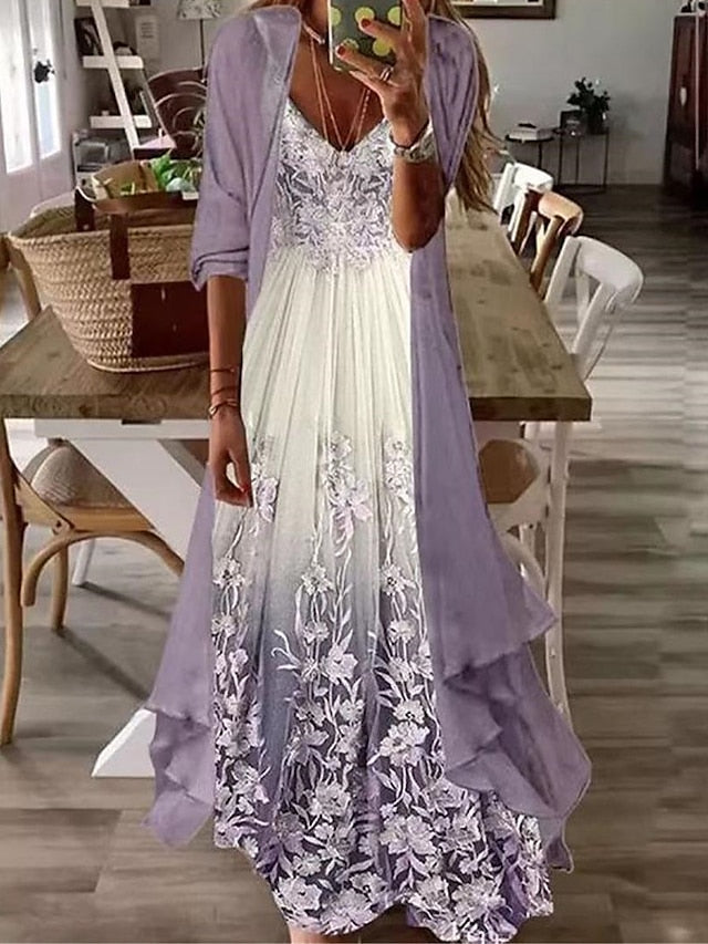 Women's Dress - Casual Dress Dress Set Two Piece Dress Long Dress Maxi Dress Light Green Pink Purple Long Sleeve Flower Print Summer Spring V Neck Fashion Loose Fit 2023 S M L XL XXL 3XL