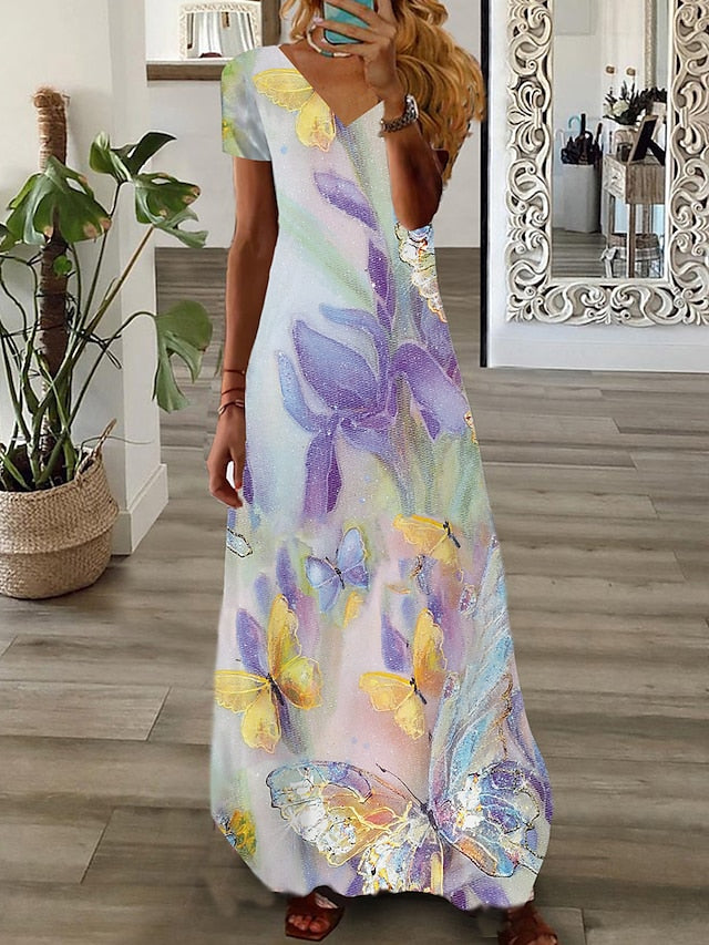 Women's Dress - Long Dress Maxi Dress Casual Dress Print Dress Graphic Marbling Fashion Modern Daily Holiday Vacation Print Short Sleeve V Neck Dress Regular Fit White Yellow Light Green Summer Spring XS S M