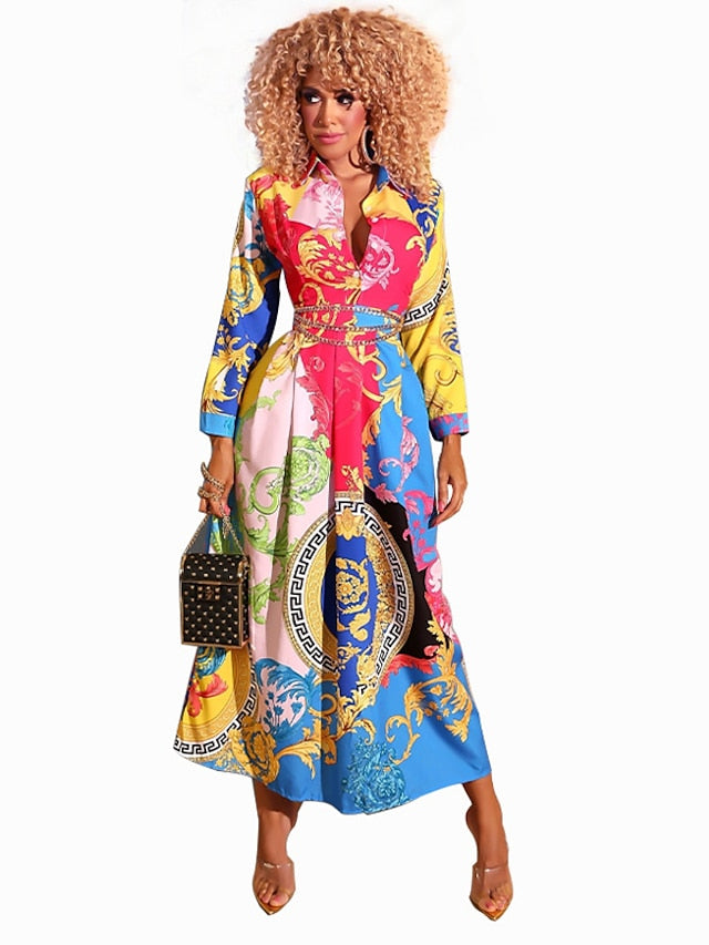 Women's Dress - Long Dress Maxi Dress Blue Light Blue Long Sleeve Geometric Shirt Collar Hot Winter Dress Fall Dress Slim S M L XL XXL