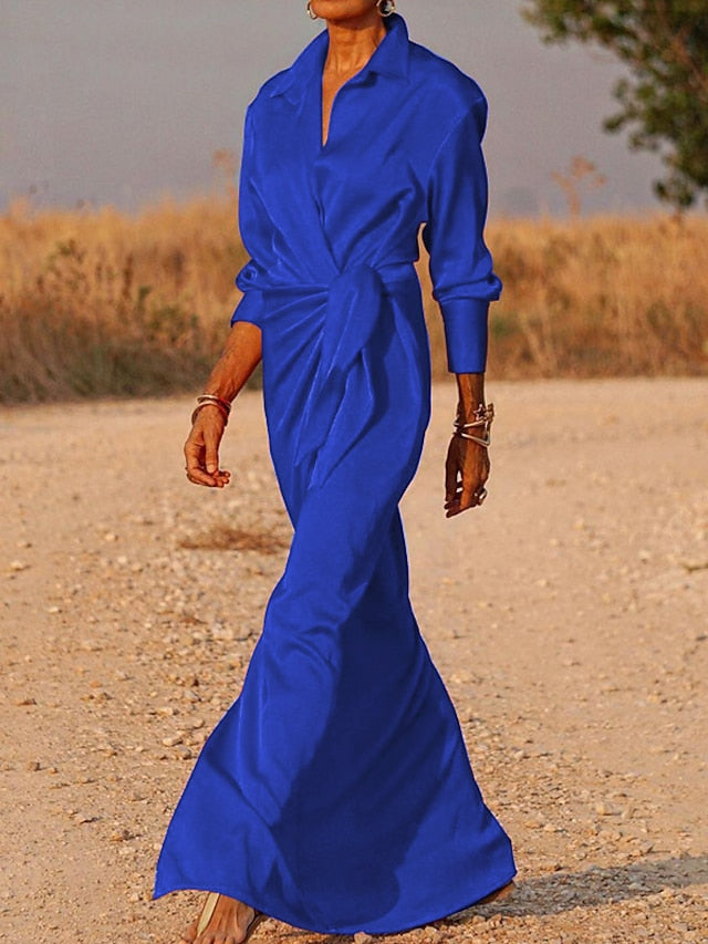 Women's Dress - Shirt Dress Party Dress Shift Dress Long Dress Maxi Dress Black Red Blue Long Sleeve Pure Color Lace up Summer Spring V Neck Elegant Party Winter Dress Evening Party 2023 S M L XL XXL