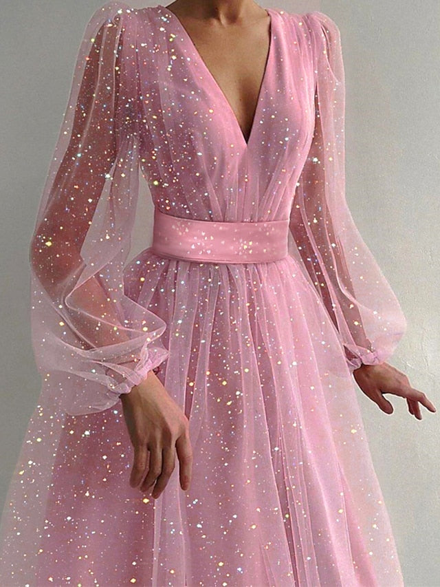 Women's Dress - Party Dress Wedding Guest Swing Dress Midi Dress Pink Short Sleeve Pure Color Sequins Mesh Spring Fall V Neck Hot Elegant Romantic Party 2023 S M L XL