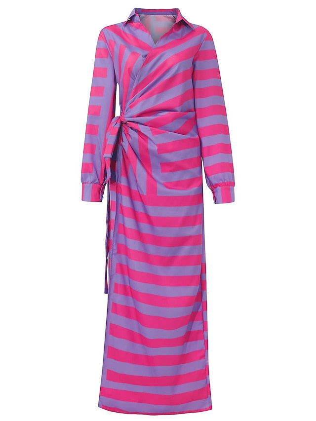 Women's Dress - Shirt Dress Bodycon Wrap Dress Maxi long Dress Outdoor Daily Polyester Fashion Boho Shirt Collar Ruched Split Long Sleeve Summer Fall Spring 2023 Regular Fit Purple Orange Green