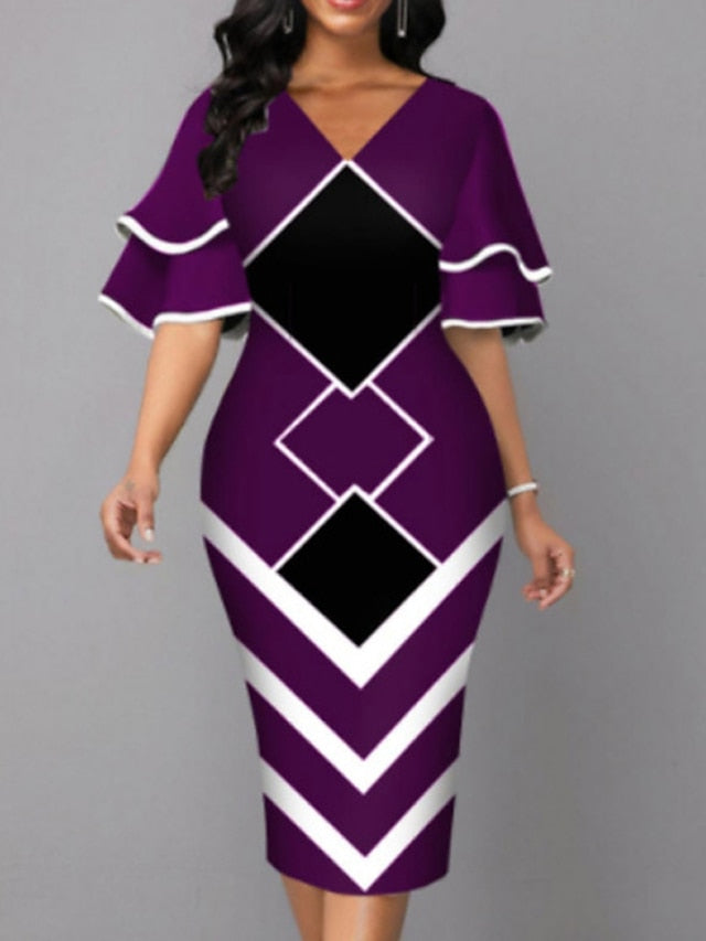 Women's Dress - Bodycon Sheath Dress Modern Dress Midi Dress Yellow Wine Royal Blue Half Sleeve Print Ruffle Summer Spring V Neck Stylish 2023 S M L XL XXL 3XL 4XL 5XL