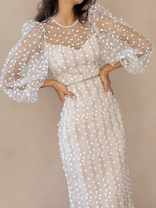 Women's Dress - Party Dress Lace Dress Sheath Dress Knee Length Dress White Long Sleeve Pure Color Lace Winter Fall Spring Crew Neck Elegant Winter Dress Birthday Wedding Guest 2023 S M L XL