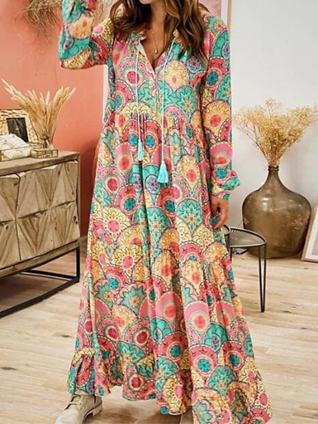 Women's Dress - Swing Dress Maxi long Dress Rainbow Long Sleeve Print Patchwork Fall Spring V Neck Casual Vacation Boho 2022 S M L XL XXL