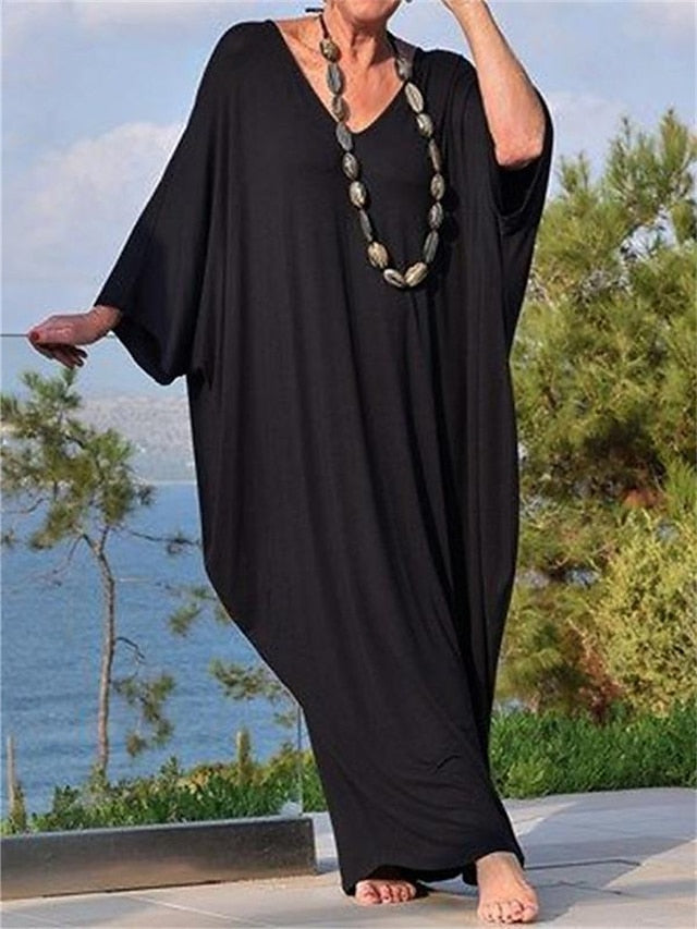 Women's Dress - Pure Color Kaftan Dress Casual Dress Swing Dress Long Dress Maxi Dress Black 3/4 Length Sleeve Fall Autumn V Neck Basic Weekend Loose Fit S M L XL XXL XXXL