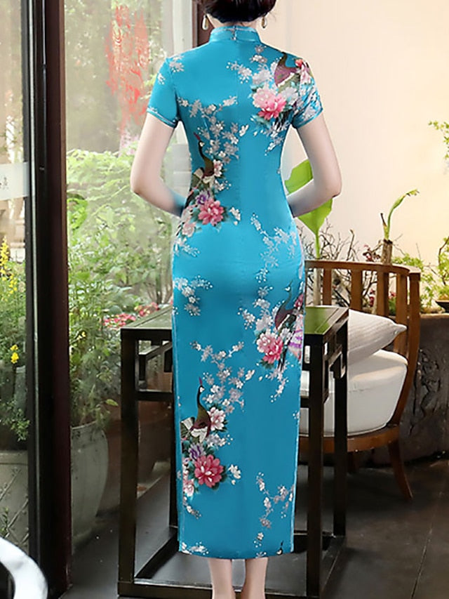 Women's Dress - Cheongsam Floral Mandarin Collar Chinoiserie Dress Long Dress Maxi Dress Light Pink Black Blue Short Sleeve Spring Summer Weekend S M L XL XXL 3XL 4XL 5XL 6XL
