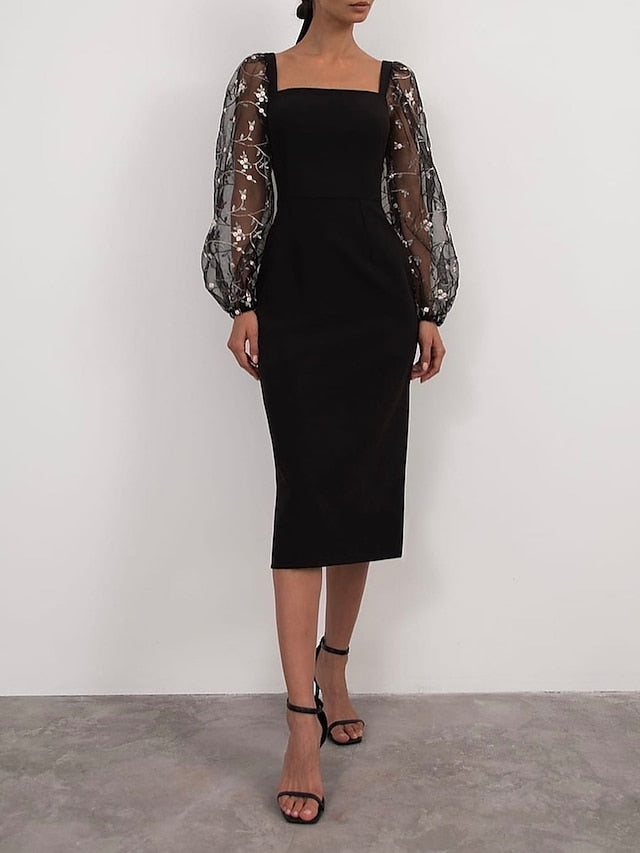 Women's Dress - Semi Formal Party Dress Sheath Dress Midi Dress Black White Long Sleeve Floral Mesh Fall Spring Square Neck Winter Dress Wedding Guest Mesh S M L XL