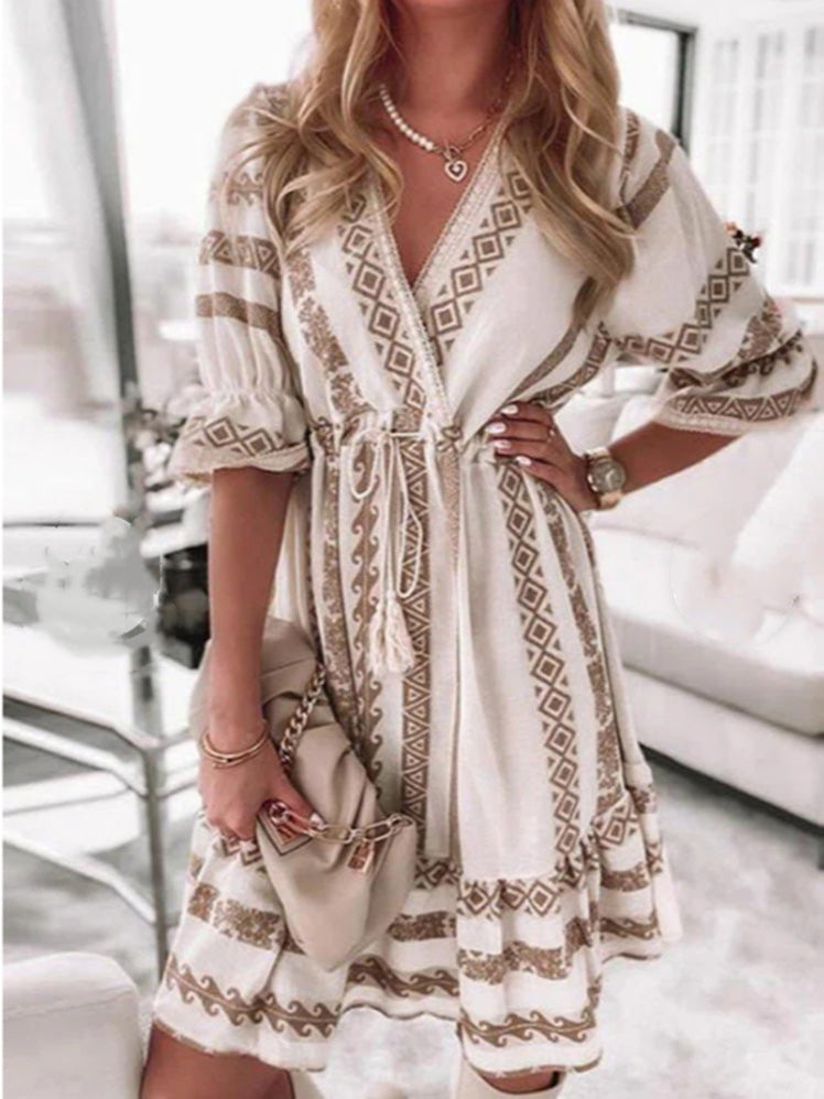 Dresses Printed V-Neck Belted Mid-Sleeve Dress - LuckyFash™
