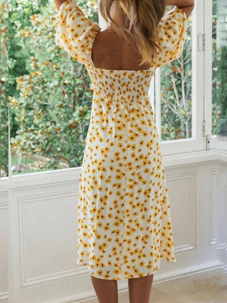 Floral Puff Sleeve Slim Slit Dress - LuckyFash™