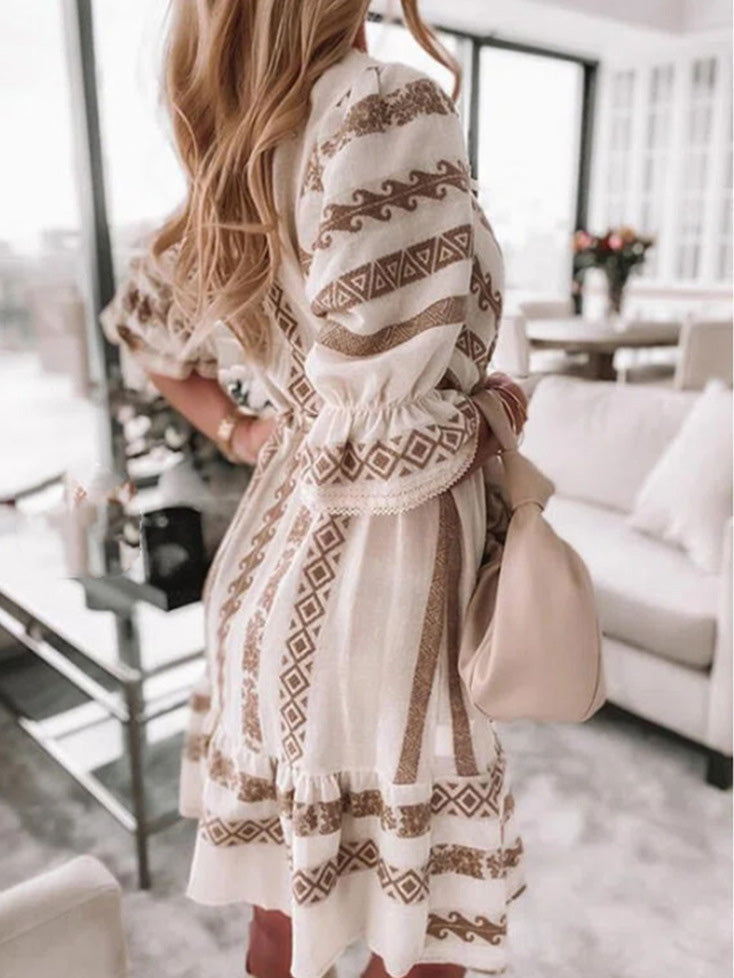 Dresses Printed V-Neck Belted Mid-Sleeve Dress - LuckyFash™